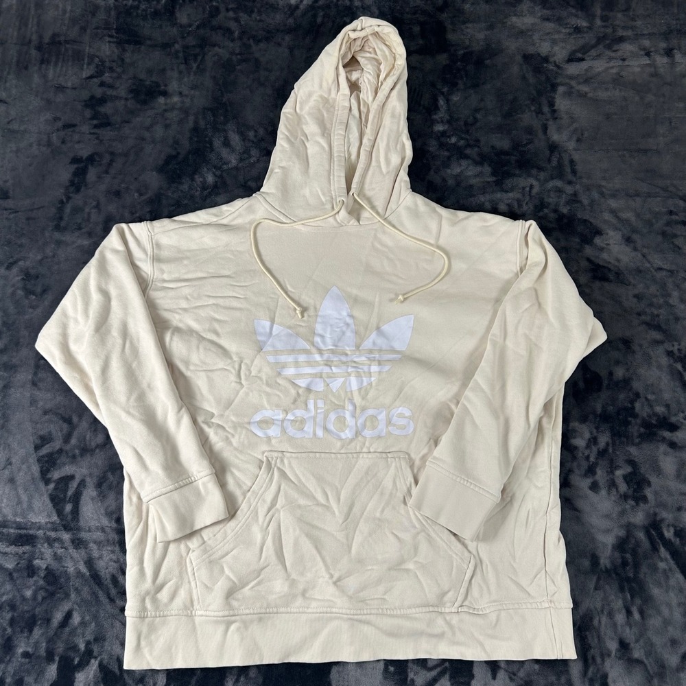Adidas Hoodie‎ Womens 1X Beige Trefoil Logo Pullover Sweatshirt Cream